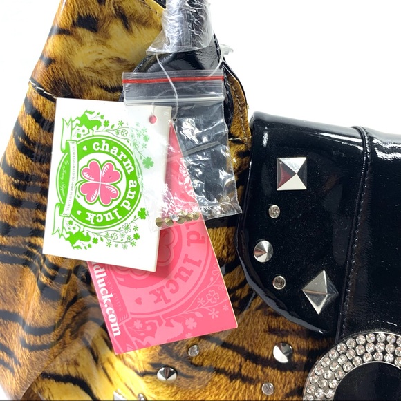 Charm and Luck 100% Genuine Leather Tiger Stripes, Embellished Handbag. - Picture 4 of 16